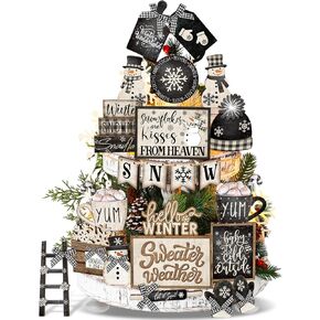 23 Pcs Winter Tiered Tray Decor Snowman Farmhouse Decor Winter Snowflake Snowman Sign Winter Table Centerpieces Hello Winter Wood Blocks Signs for Home Decor, Without Tray