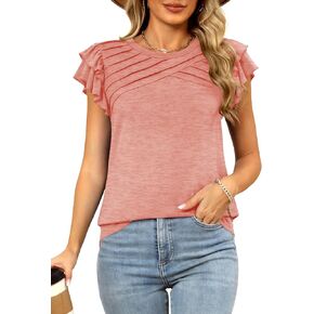 MIHOLL Womens Summer Tops Ruffle Short Sleeve Crew Neck T Shirt Casual Front Pleated Basic Tee Blouses