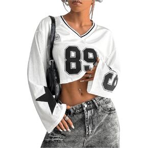 GORGLITTER Women's Number Graphic Jersey Crop Top Shirts Y2K 90s Bell Long Sleeve V Neck Graphic Tee