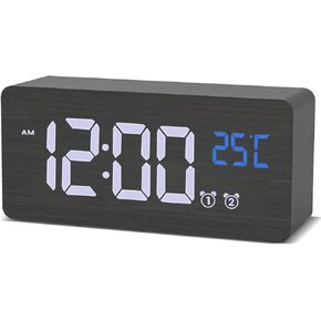 Alarm Clock for Bedroom, Wooden Digital Clock with Large Numbers, Dual Alarms, Adjustable Loud Volume for Heavy Sleeper, Snooze, 5-100% Dimmer, Temperature, Black
