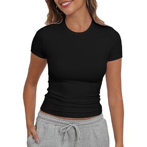 PALINDA Women's Short Sleeve T Shirts Crew Neck Slim Fitted Shirts Basic Casual Going Out Tops Sexy Y2K Tees
