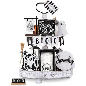 19 Pcs Tiered Tray Decor - Cute Ghost Tray, Wooden Signs, Bead Garland - Farmhouse Rustic Halloween Decorations for Home Table Party Supplies