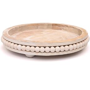 Round Wooden Serving Tray with White Wash, Beaded Farmhouse Decor for Coffee Table, Living Room, or Kitchen Counter (Beaded with Foot, 12 inch)