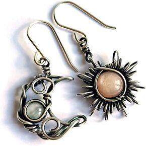 Boho Opal Sun and Moon Drop Dangle Earrings Moonstone Natural Stone Hook Bohemian for Women Asymmetrical Antiqued Silver Celestial Jewelry-Opal Red