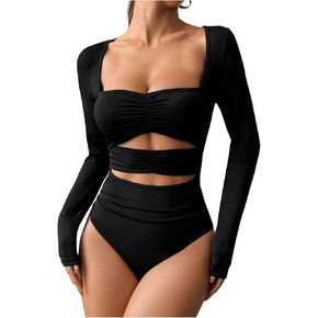 WDIRARA Women's Sexy Cut Out Sweetheart Neck Bodysuit Long Sleeve Ruched Skinny One Piece Shapewear