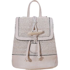 Small Straw Backpack for Women Summer Handmade Woven Beach Bag Bookbag Daypack Wicker Purse Bohomian Drawstring Shoulder Bag-C Horn Buckle-Beige