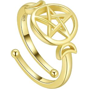Jewmon 925 Sterling Silver Pentacle Pentagram Ring for Women Wiccan Triple Moon Ring Ring قابلة للتعديل آلهة تميمة التفاف مفتوحة حلقة هدايا مجوهرات الوثنية لأمي ابنة