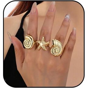 Gold Seashell Starfish Ring Set for Women,18k Gold Chunky Dainty Hawaii Beach Wave Waterproof Stackable Rings Fashion Adjustable Sea Shell Mermaid Ring Summer Beach Mermaid Jewelry Costume Accessories