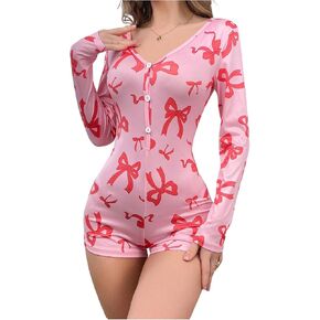 WDIRARA Women's Bowknot Romper V Neck Long Sleeve Button Front Shorts Sexy Onesie Pajama