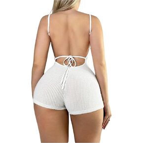 SweatyRocks Women's Tie Backless Fuzzy Romper Fitted Sleeveless Spaghetti Straps Shorts Jumpsuit