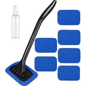 6pcs Windshield Cleaning Tool,Car Window Cleaner with 6 Reusable and Washable Microfiber Pads and Extendable Handle Auto Inside Glass Wiper