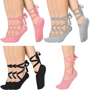 Jeyiour 9 Pack Ballet Tie Socks for Women with Grips Pilates Yoga Non-slip Socks for Dancing Barre Ballet Yoga Pilates Barefoot Workout