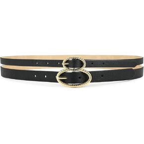Double Buckle Belts for Women Black Leather Belt Waist Belt for Dresses Jeans Fashion Dress Belt