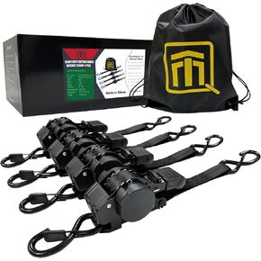 QTM Retractable Ratchet Straps Heavy Duty, Black, 1 Inch X 10 Feet, 2000lbs Breaking Strength, 4-Pack with Storage Bag, Ideal for UTV, ATV- Tie Down Straps, Self Retractable