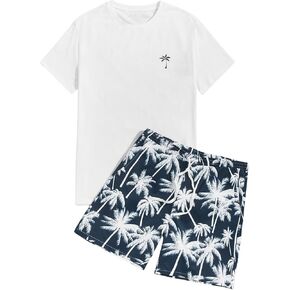 WDIRARA Men's Tropical Print Two Piece Drawstring Beach Shorts Set