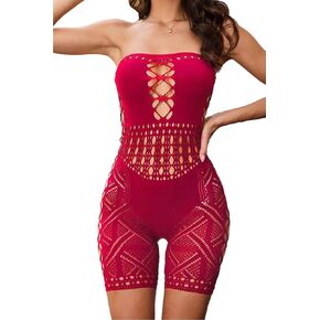 Sexy Tube Romper for Women Hollow Out See Though Mesh Bodycon One Piece Bodysuit Jumpsuit