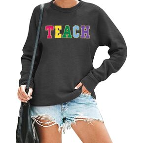 alltb teacher sweatshirt for womens colorful Retro Teacher Pullover Pullover Exteor Teacher Life Long Long Sleeve Tops