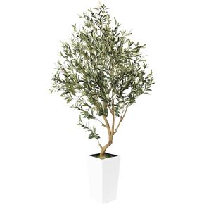 Artificial Olive Tree, 5.5FT Faux Olive Tree with White Tall Planter, Large Fake Potted Olive Plants with Lifelike Fruits and Realistic Trunk, Artificial Trees for Home Office Decor Indoor