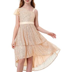 LOLANTA Girls Sequin Party Dress One Shoulder Layered Sparkle High Low Dresses for Birthday Graduation Prom