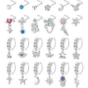 24PCS 20G Dangle Nose Ring for Women L Shaped Dangling Nose Hoop Stud Hypoallergenic CZ 316L Stainless Steel Butterfly Heart Moon Indian Charm Nose Ring Nostril Piercing Jewelry