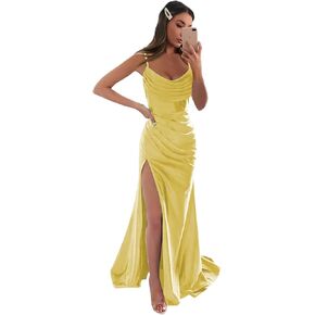 Sukleet Women's Satin Prom Dress Long with Slit Ruched Mermaid Evening Gowns Formal Dress