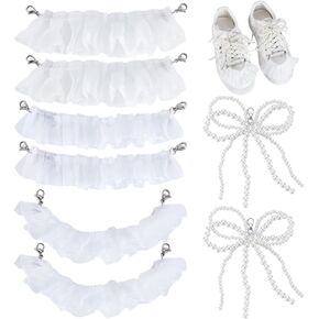 AHANDMAKER 8Pcs Shoe Charms for Sneakers, Frilly Shoelaces Decorations Pearls Bowknot Shoe Charms Clip on Shoe Chains for Casual Shoes Gift Jewelry, White