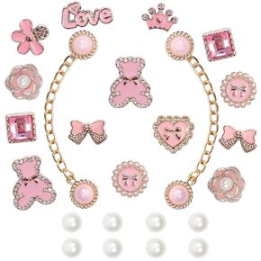24 Pcs Pink Shoe Charms Chain Accessories for Women Pearl Flower Clog Shoe Decoration Charms Rhinestone Shoes Charms Bling Cute Decor for Party Birthday