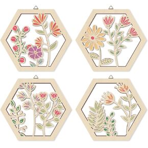 Houria 4 PCS Boho Flower Wall Wall Art ، Watercolor Wildflower Wooden Wood Decor Decoring لغرفة المعيشة ، 8 "*10" بوصة