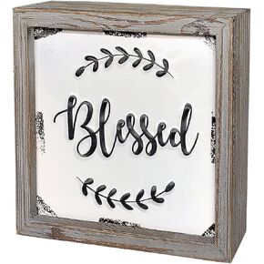 DeliDecor Blessed - 8" X 8" Wooden Signs Wall Decor Rustic Embossed Retro Metal and Wood Framed Sign Modern Farmhouse Wall Hanging Art Blessed Sign Home Decor