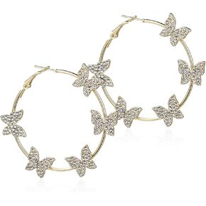 Gold Silver Butterfly Hoop Earrings for Women Glitter Crystal Bridal Wedding Climber Ear Wrap Prom Ball Ear Dainty Jewelry Christmas Valentine's Day Mother's Day Birthday Gifts