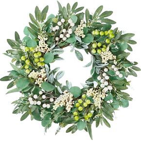 Sggvecsy Artificial Eucalyptus Wreath for Front Door 20 Inch Greenery Leaves Wreath Lambs Ear Wreath with White Berries Spring Summer Wreath for Farmhouse Window Porch Wall Home Indoor Outdoor Decor