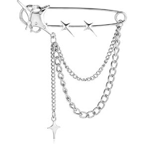 Silver Star Brooch Pins for Women Star Tassel Chain Brooch Collar Pins Vintage Bling Crystal Pearl Sweater Shawl Clips Punk Collar Chain Brooch for Women Girls Jacket Clothing