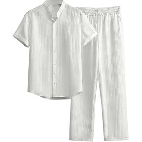 Men's 2 Piece Outfits Textured Short Sleeve Button Up Shirts and Drawstring Waist Beach Pants