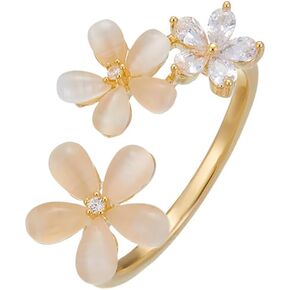Kokoma Cat Eye Stone Daisy Flower Ring for Women Cubic Zirconia Little Floral Wrap Finger Band Eternity Promise Rings Open Statement Ring Dainty Jewelry Christmas Thanksgiving