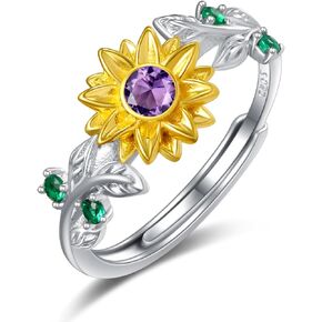 Sunflower Rings for Mother Mom, 925 Sterling Silver Adjustable Sunflower Ring, Womens Jewelry with Birthstone