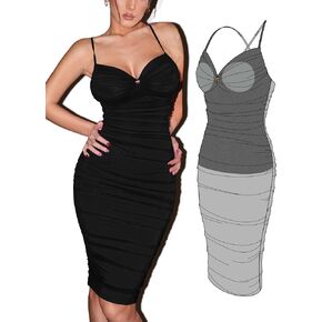 Women's Spaghetti Straps Deep V Mesh Runched Dress Cocktail Party Midi Bodycon Dress with Built-in Bra