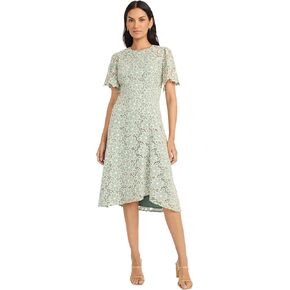 Maggy London Women's Blooming Trellis Lace High Low Midi Scalloped Short Sleeve a Line Wedding Guest Cocktail Dress