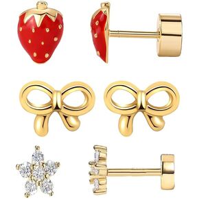 3Pairs Lovely Fruit Bow Zircon Screwback Small Earrings Sweet Bow Piercing Earrings Strawberry Chili Peach Cherry Enamel Flatback Stud Earrings for Women Jewellery