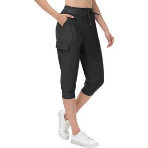Womens Capri Cargo Joggers Pull on Capris Pants Crop Cropped Golf Pants with Pockets and Drawstring, BK XXL Black