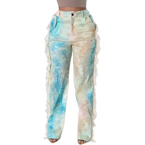 XZLUFNY Fringe Pants for Women Autumn High Waisted Side Tassel Straight Leg Trousers