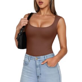 PINKMSTYLE Womens Bodysuit Tank Top Basic Slim Fit Double Lined Scoop Neck Tops Y2K Going Out Outfits