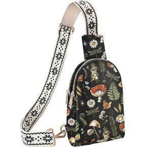 Mushroom Small Sling Bag for Women Leather Fanny Pack Travel Sling Crossbody Purse Presents for Hiking Cycling Running
