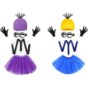 5Pcs Halloween Costume for Adult Women Goggles Glasses/Yellow Beanie Hats/Gloves/Blue Tutu Skirt/Suspenders Accessories Cosplay Party Set