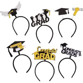 CURASA 6 PCS Graduation Cap Headband Class of 2025 Black & Gold Glitter Sequins Star Congrats Grad Party Decorations Funny Bachelor Hat Headbands Costume Accessory Party Favor Photo Props Supplies