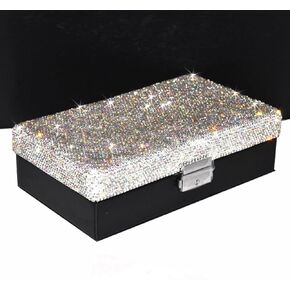Bling Rhinestone Jewelry Case Box Storage for Women - مربع منظم المجوهرات الجلدية المحمولة لأقراط القلادة عوارض الخاتم للمراهقين والبنات والأمهات والبنات (أسود)
