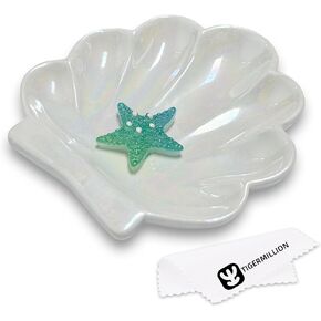 Shell Trinket Dish with Jewelry Cleaning Cloth, Starfish Jewelry Dish Tray Ocean-themed Decorative Ring Earring Holder for Ring Earrings Necklaces Bracelet Watch Key, Jewelry Organizer Plate for Women
