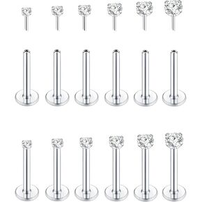 Tornito 6 Pairs Push in Nose Studs for Women Men Stainless Steel Lip Rings Threadless Tragus Earrings CZ Flat Back Stud Earrings Nostril Labret Conch Cartilage Earrings Helix Medusa Piercing Jewelry 6mm 8mm 16G 18G 20G