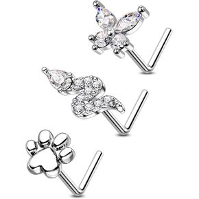 COCHARM 3PCS Butterfly Nose Ring Stud Pack 20g L Bend Snake/Paw Print Nose Piercing Silver 316L Stainless Steel Nostril Stud for Women Men