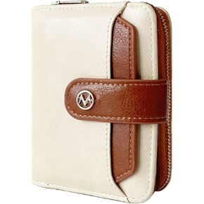 Wallet Women Small Leather Bifold Billfolds Zipper Coin Pocket Cash Compact Card Card Card مع نافذة معرف قابلة للفصل (Beige Brown)