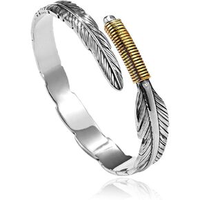 ABJFJE Retro Silver Adjustable Open Bamboo and Feather Cuff Bracelets for Men Vintage Leaf Feather Cuff Bracelet for Men Women Jewelry Gift